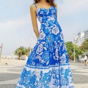 Farm Rio Blue Full Of Flowers Organic Cotton Midi Dress